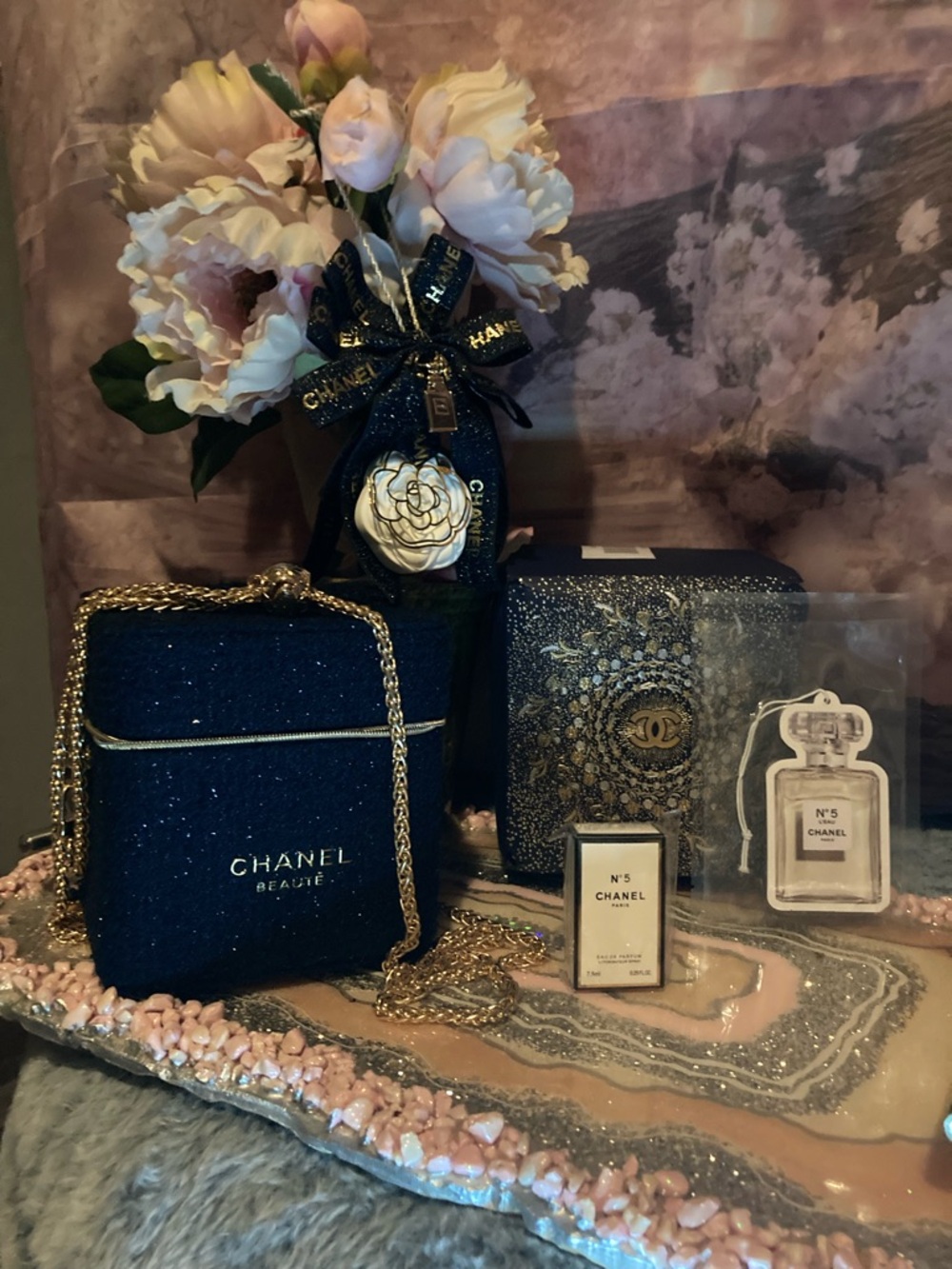 CHANEL  Navy Blue and Gold Glitter Crossbody with Camellia Charm, perfume bundle - Picture 2 of 7